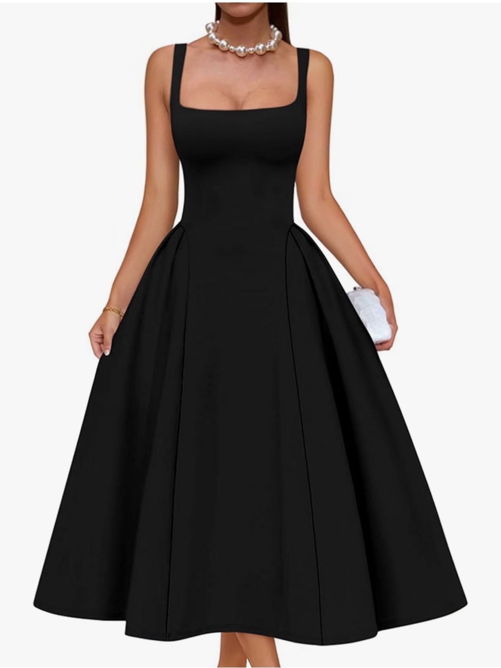 Classic Black Square-Neck Maxi Dress with Full Skirt